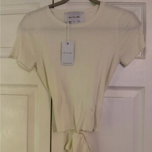 Cream Ribbed Tie-Front Top